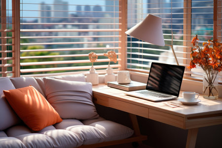 Modern workspace with a laptop with an empty screen, a lamp, a cup of coffee or tea and flowers in a vase on a wooden table near the sofa and a panoramic windowの素材