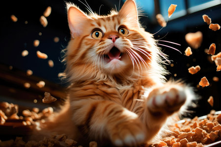 Ginger cat looks at the food in surprise, pet dry food is flyingの素材