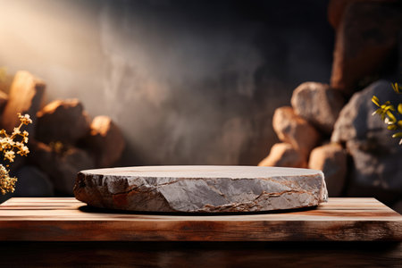 Marble glossy podium or stage for the display and demonstration of goods or cosmetics on a background of stones. Eco-friendly natural brand showcase template, layout with a place to copyの素材
