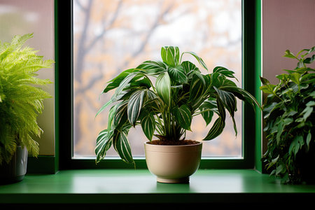 Indoor plant in a beige pot on a green windowsill in the houseの素材