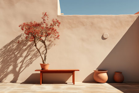 Tree with red autumn foliage in a clay pot on a wooden table on the enclosed terrace of an African style clay houseの素材