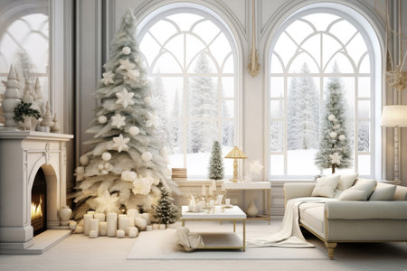 Modern white living room with fireplace decorated for Christmasの素材