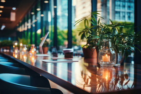 Ornamental plant in a glass vase on a large glass table in a coworking, office space or lounge areaの素材