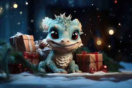 Cute smiling cartoon dragon symbol of 2024 year in a snowy fairytale forest with gift box and copy spaceの素材