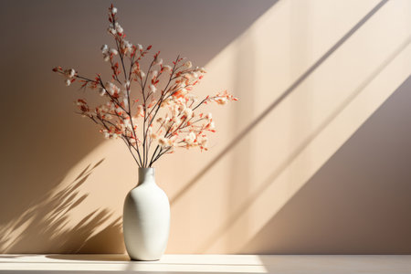 Flowers in a vase on a dusty pink wall background with shadows. Minimalistic decor in the houseの素材