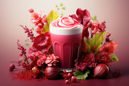 Beetroot latte in a mug on the tableの素材