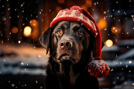 Chocolate labrador in a santa claus hat against the background of festive lightsの素材