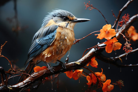 Beautiful forest bird sits on a tree branch in autumn in the forestの素材