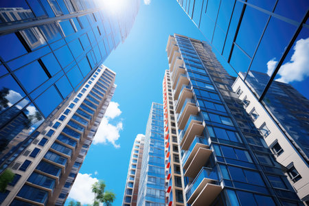 Modern building site made of glass reflecting sunlight on a blue sky backgroundの素材