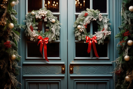 Christmas wreaths on the front doors of the houseの素材