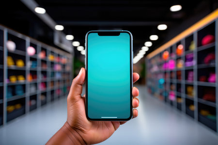 Smartphone with blue blank screen mockup in a man's hand against the background of a warehouse with goodsの素材