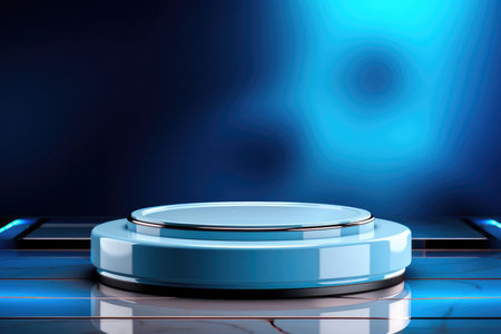 Blue podium with neon color. Futuristic platform for your product demonstrationの素材
