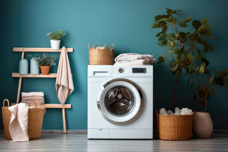 Washing machine and baskets with dirty clothesの素材