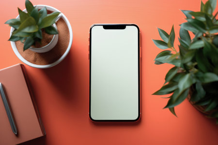 Flat lay mockup of a phone with a white screen on a table with indoor plants, a notebook and a penの素材