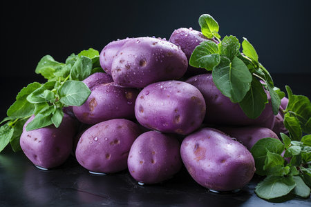 Sweet purple potatoes on a dark tableの素材