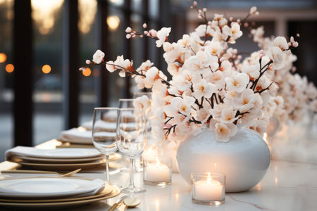 Beautiful wedding table setting with delicate flowers in a vaseの素材