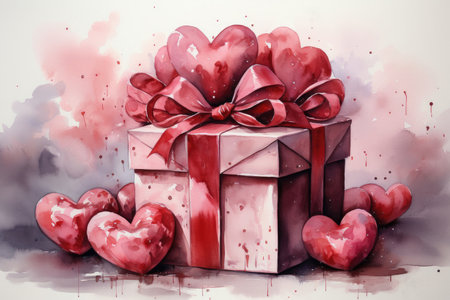 Gift boxes with heart bows painted in watercolor. Valentine's Day Holiday Cardの素材