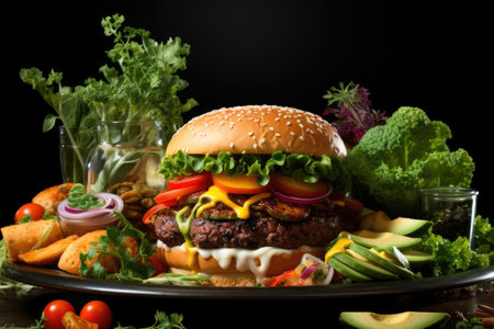 Homemade burger with beef patty and vegetables on a serving board in rustic styleの素材