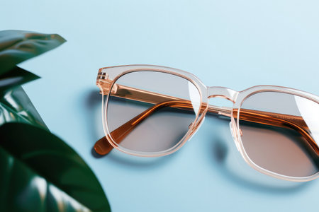 Top view glasses with a transparent plastic frame on a blue background and a green plant out of focusの素材