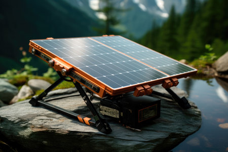 Portable mobile solar battery stands in nature in the mountainsの素材