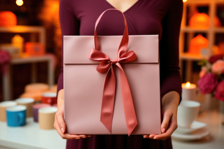A paper bag with a satin ribbon and a bow in the hands of a woman. Luxury Product Packagingの素材