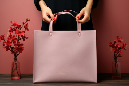 Pink bag, mockup in a woman's hand on a background of red flowers vaseの素材