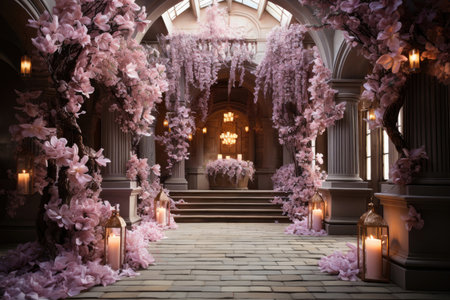 Beautifully decorated room for a wedding ceremony, decorated with purple wisteria flowers, candles in a classic styleの素材
