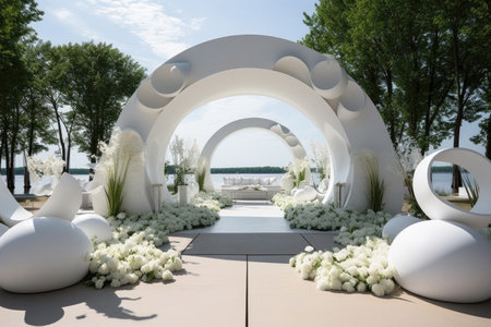 Futuristic wedding arch for marriage registration on the terrace of the house decorated with white flowersの素材