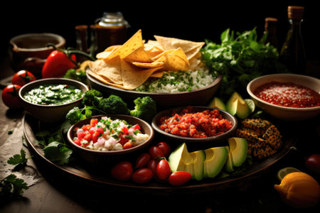 Mexican dishes served on a dark tableの素材
