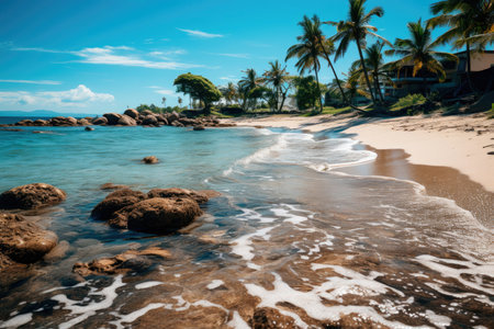 Sandy beach with palm trees and waves on a sunny day by the sea or ocean. Summer holidaysの素材