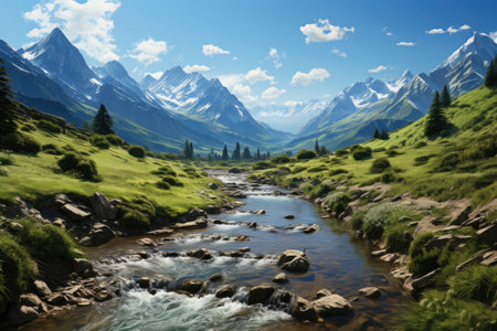 Stormy river among majestic mountains. Spring landscapeの素材