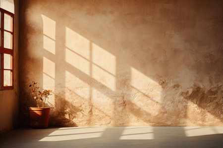Beige plaster wall with shadows and a potted houseplant near the window with copy spaceの素材