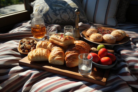Romantic summer picnic. Snack platter on linen picnic blanketの素材