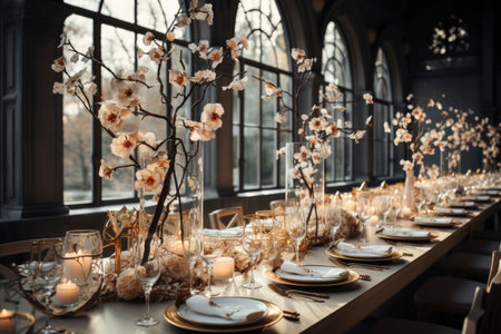 Luxurious guest tables decorated and served for a wedding celebration with white flowers and candlesの素材