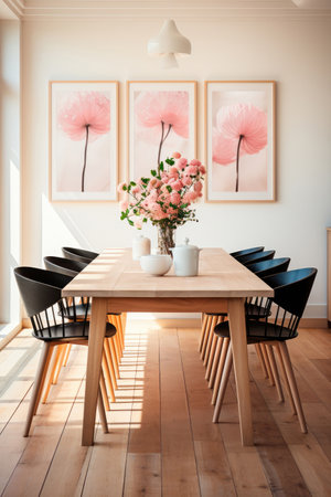 Bright minimalistic design of the living room with a wooden table and paintings on the wallの素材