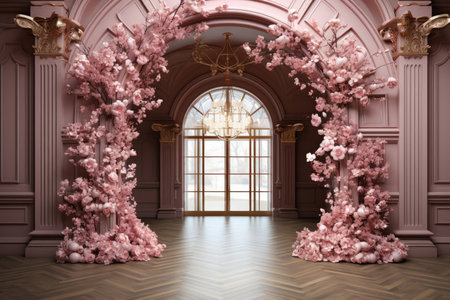 Entrance doors decorated with pink flowers at a weddingの素材
