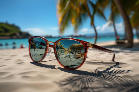 Sunglasses on the beach on the background of the beach with palm trees. The concept of tourism and summer holidaysの素材