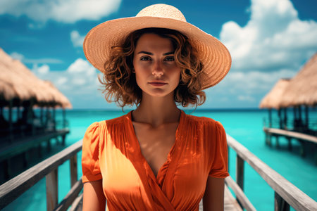 Woman in an orange dress and a straw hat on the background of the ocean and a bungalowの素材