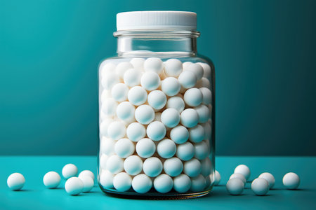 Round white tablets pills in a glass jar on a turquoise backgroundの素材
