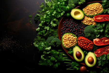 Flat lay vegan food on the table with copy space. Soybeans, avocados, broccoli and greensの素材