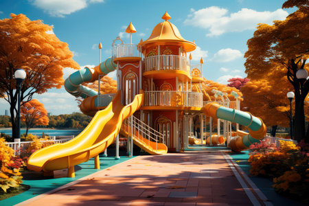 Colorful outdoor playground on yard in the park at autumnの素材