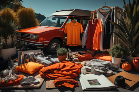 Clothes on a hanger at the vintage fashion summer street market. Outdoor garage sale, clothing reuse, second-hand and eco-friendly consumptionの素材