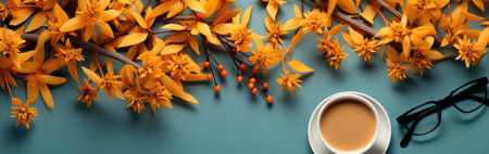 Branches with orange leaves on a blue background, a cup of coffee and glasses. Autumn banner conceptの素材