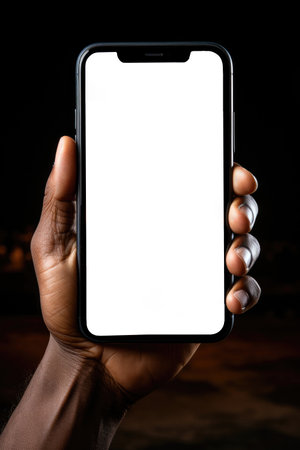 Mockup of the smartphone screen in the hand of a black man on a black backgroundの素材