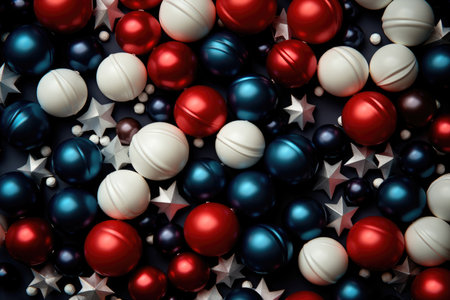 American Independence day background with blue, white and red mixed stars and balls. Celebration of American independence day, the 4th of July. Holiday pattern concept. Top viewの素材