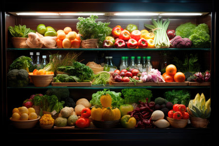 Big choice of fresh fruits and vegetables on market counterの素材