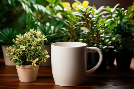 Mockup white ceramic mug on the background of indoor plants in potsの素材