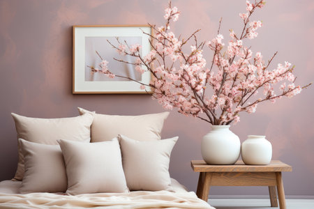 Cozy bedroom of a young woman. A wooden table with a bouquet of pink flowers. Beige bed linen and pillows on the bedの素材