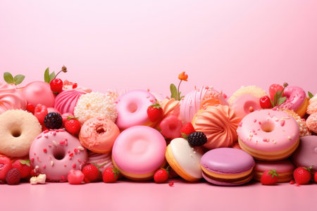 Assortment of confectionery products, various types of desserts and berries on a pink background. Panorama, banner, place to copyの素材