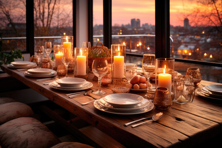 Cozy family Christmas dinner. Festive serving with candlesの素材